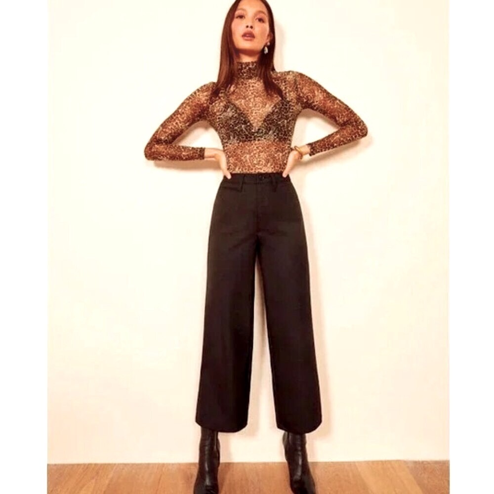 NWT REFORMATION Peche High Rise Wide Leg Crop Wool Trouser Black 4 MSRP $200